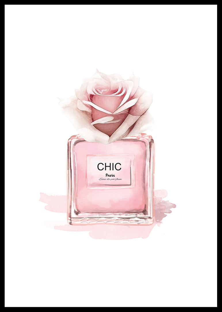 Watercolor illustration of pink perfume bottle with rose-12