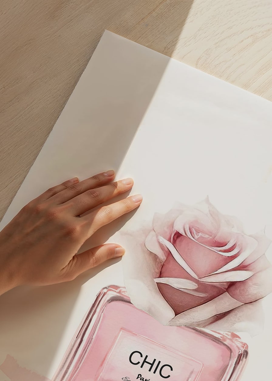 Watercolor illustration of pink perfume bottle with rose-12