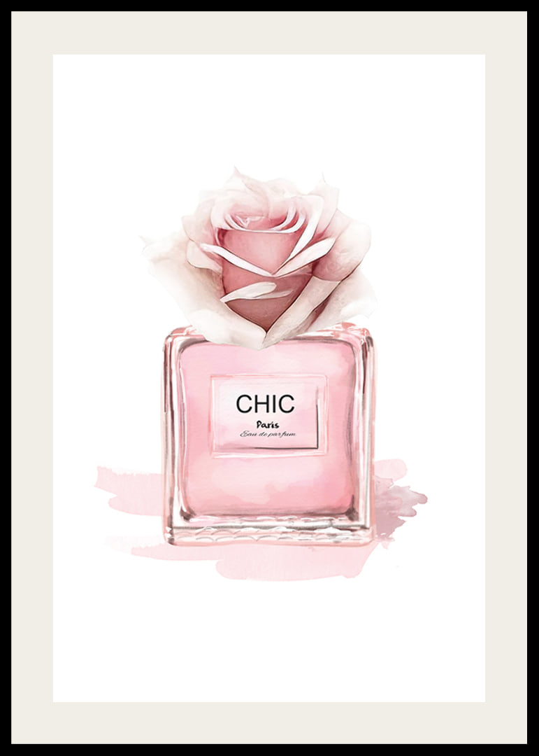 Watercolor illustration of pink perfume bottle with rose-12