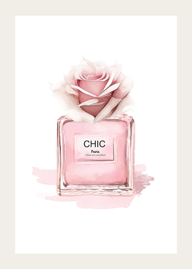 Watercolor illustration of pink perfume bottle with rose-12