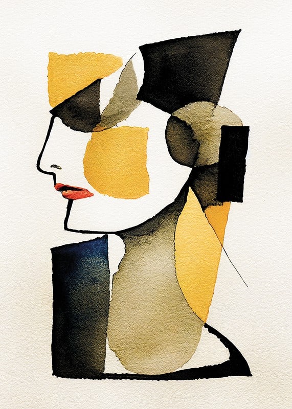 Abstract profile portrait in black, yellow and red watercolor-12