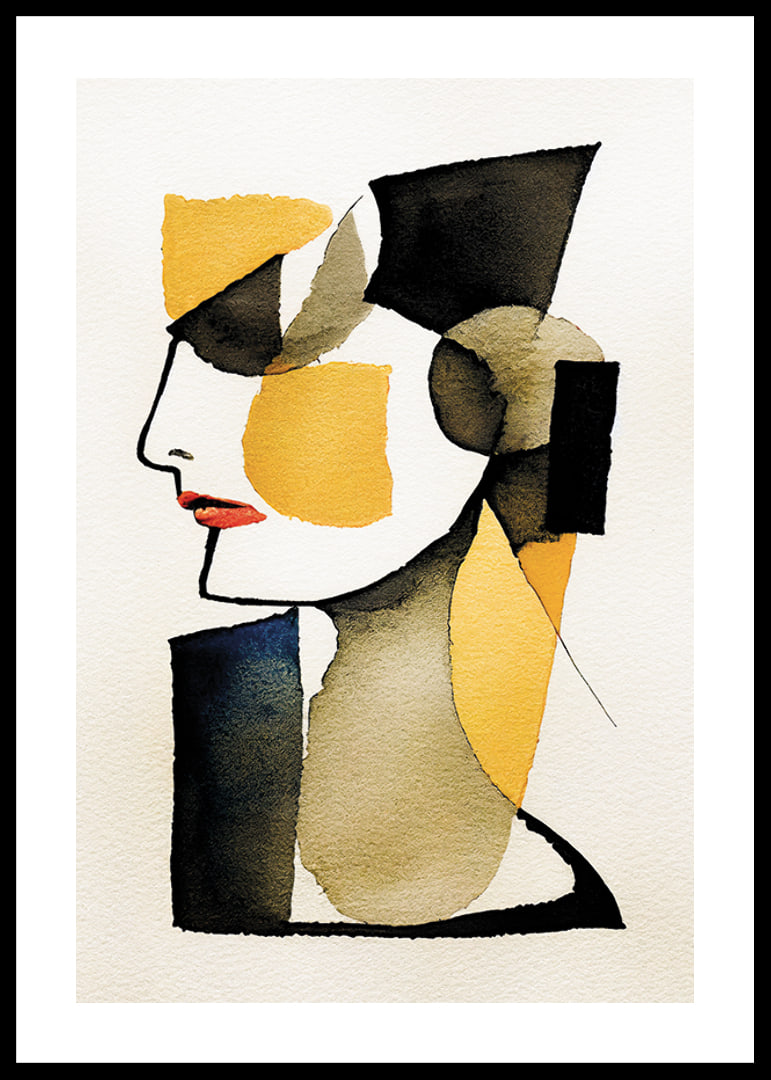 Abstract profile portrait in black, yellow and red watercolor-12