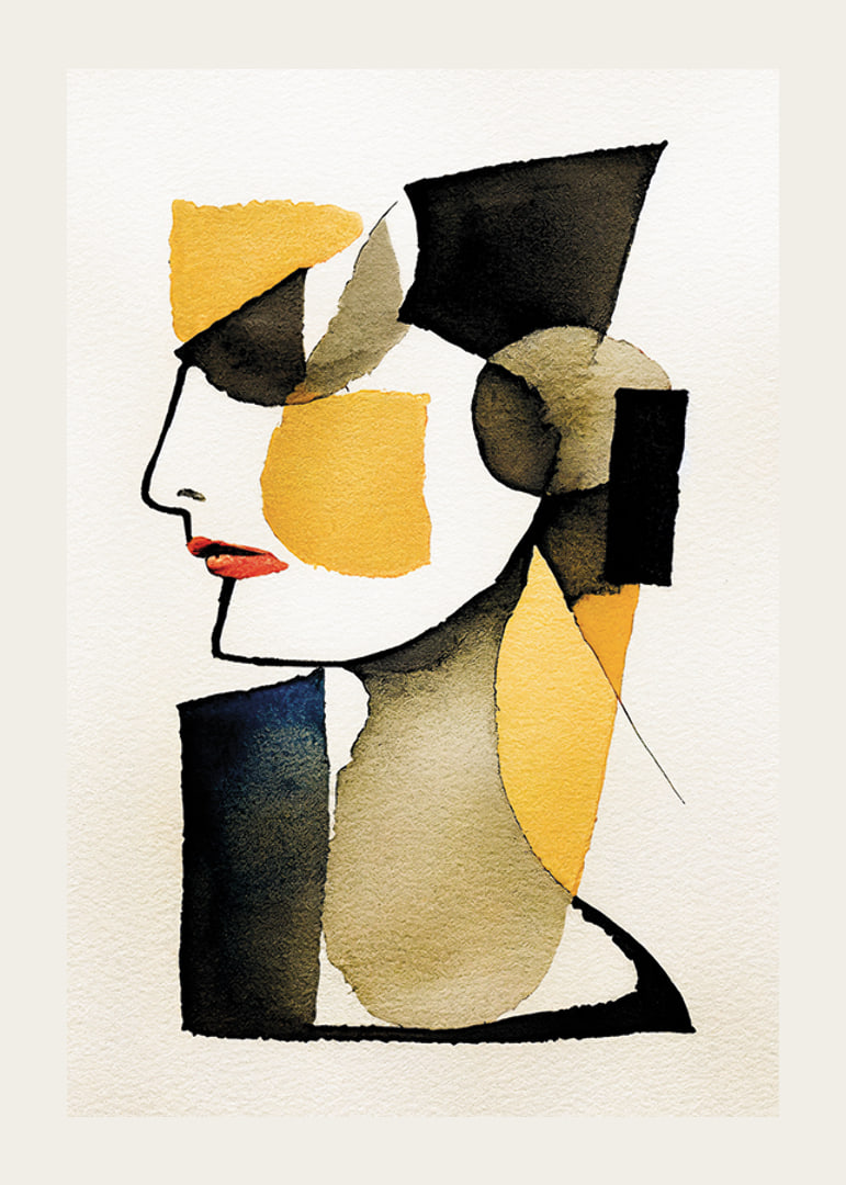 Abstract profile portrait in black, yellow and red watercolor-12