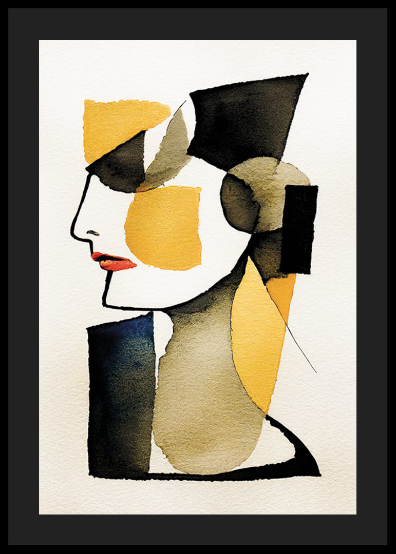 Abstract profile portrait in black, yellow and red watercolor-12