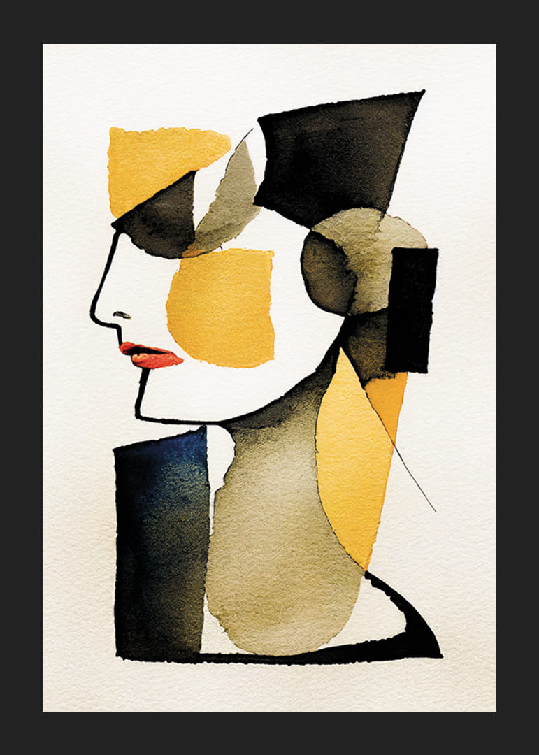 Abstract profile portrait in black, yellow and red watercolor-12