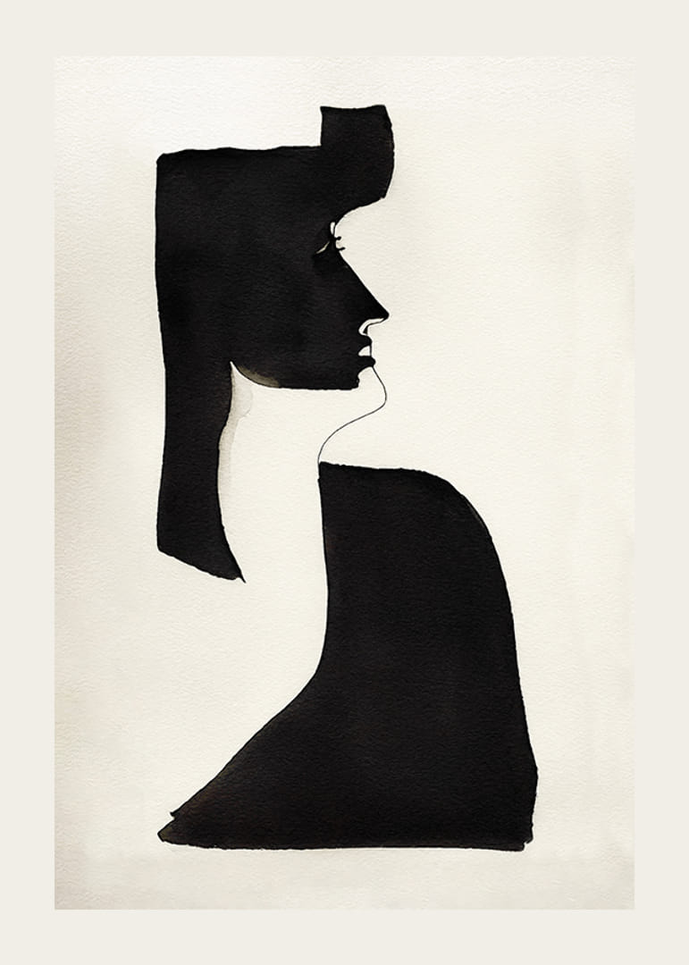 Abstract silhouette of face in black on beige background-12