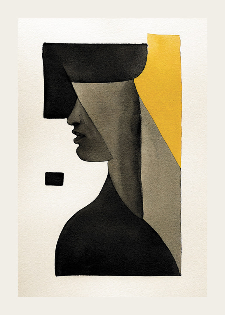 Abstract profile of face in black, gray and yellow-12