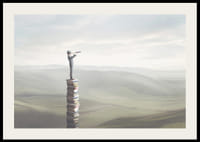 Ilustrowany mężczyzna z lornetką stojący na stosie książek na tle rozległego krajobrazu-2