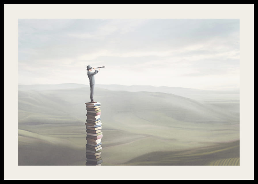 Ilustrowany mężczyzna z lornetką stojący na stosie książek na tle rozległego krajobrazu-12