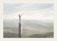 Ilustrowany mężczyzna z lornetką stojący na stosie książek na tle rozległego krajobrazu-3