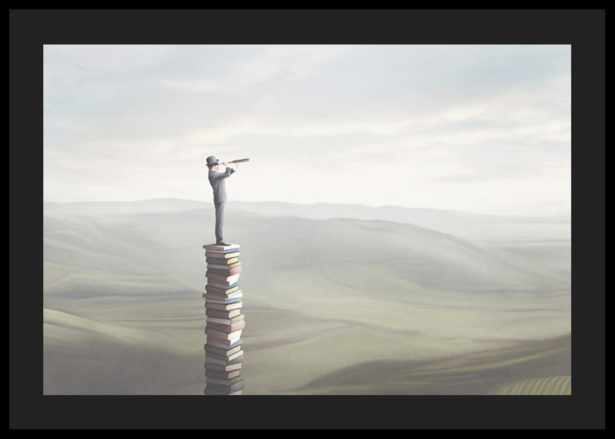 Ilustrowany mężczyzna z lornetką stojący na stosie książek na tle rozległego krajobrazu-12