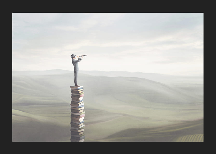 Ilustrowany mężczyzna z lornetką stojący na stosie książek na tle rozległego krajobrazu-12
