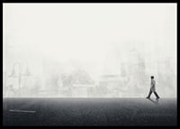 Illustrated man walking on empty street with city silhouette in grayscale-6