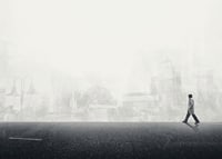 Illustrated man walking on empty street with city silhouette in grayscale-7