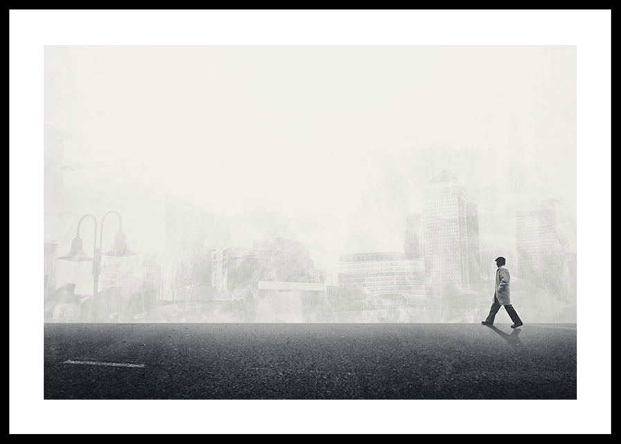 Illustrated man walking on empty street with city silhouette in grayscale-12
