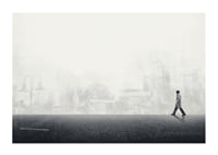 Illustrated man walking on empty street with city silhouette in grayscale-1