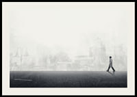 Illustrated man walking on empty street with city silhouette in grayscale-2