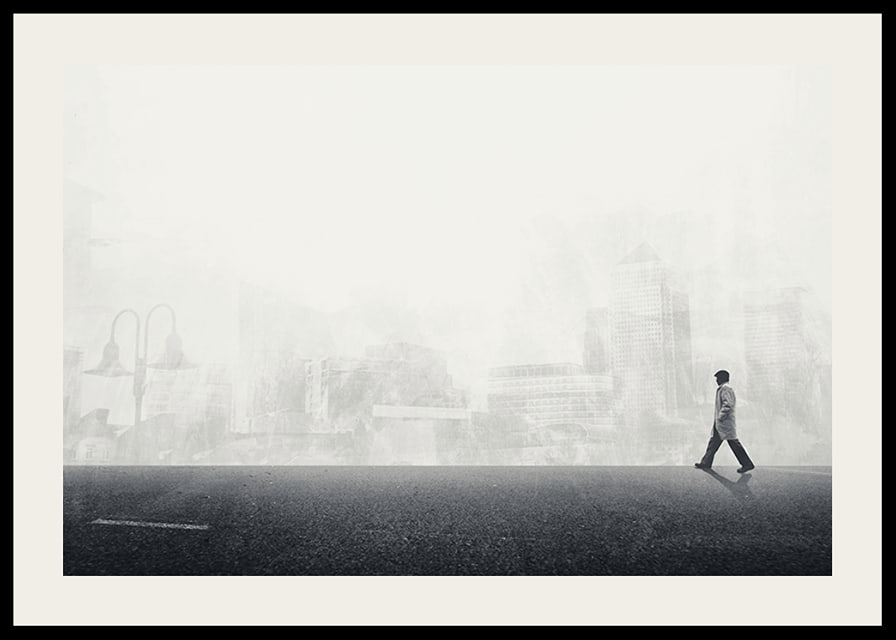 Illustrated man walking on empty street with city silhouette in grayscale-12