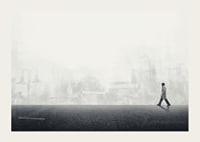 Illustrated man walking on empty street with city silhouette in grayscale-3