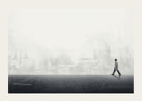 Iliustruotas vyras, einantis tuščia gatve, su pilkos spalvos miesto siluetu-3