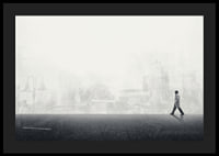 Illustrated man walking on empty street with city silhouette in grayscale-4