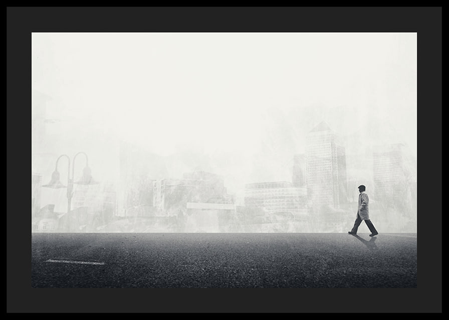 Illustrated man walking on empty street with city silhouette in grayscale-12