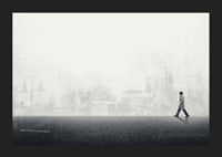 Illustrated man walking on empty street with city silhouette in grayscale-5