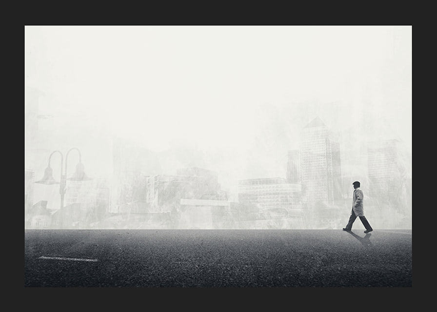 Illustrated man walking on empty street with city silhouette in grayscale-12