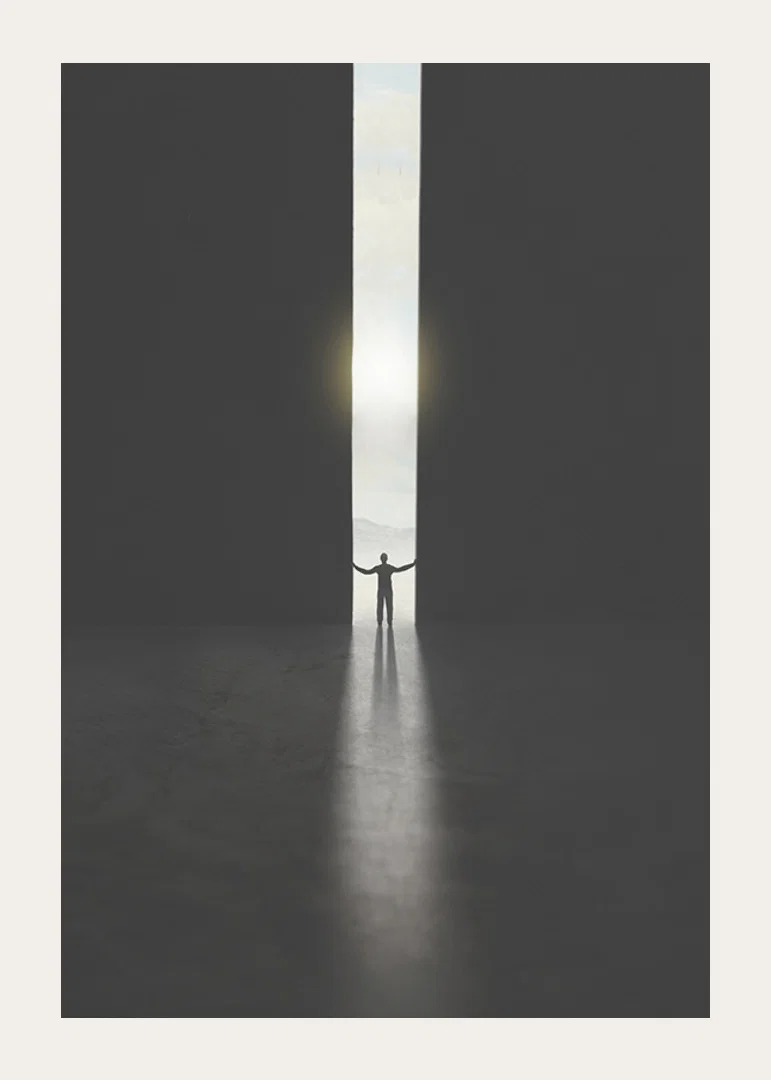 Silhouette of man opening dark doors to the light-12