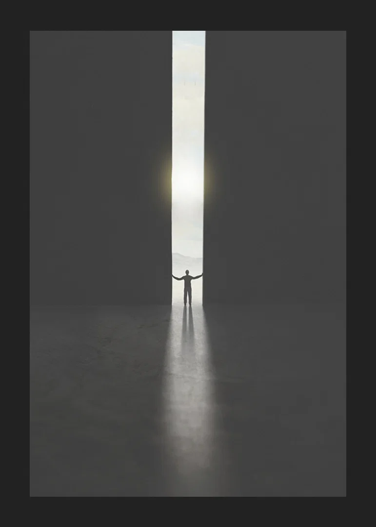 Silhouette of man opening dark doors to the light-12