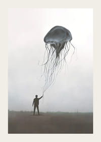 Siluetă de bărbat care ține o meduză plutitoare în ceață-3