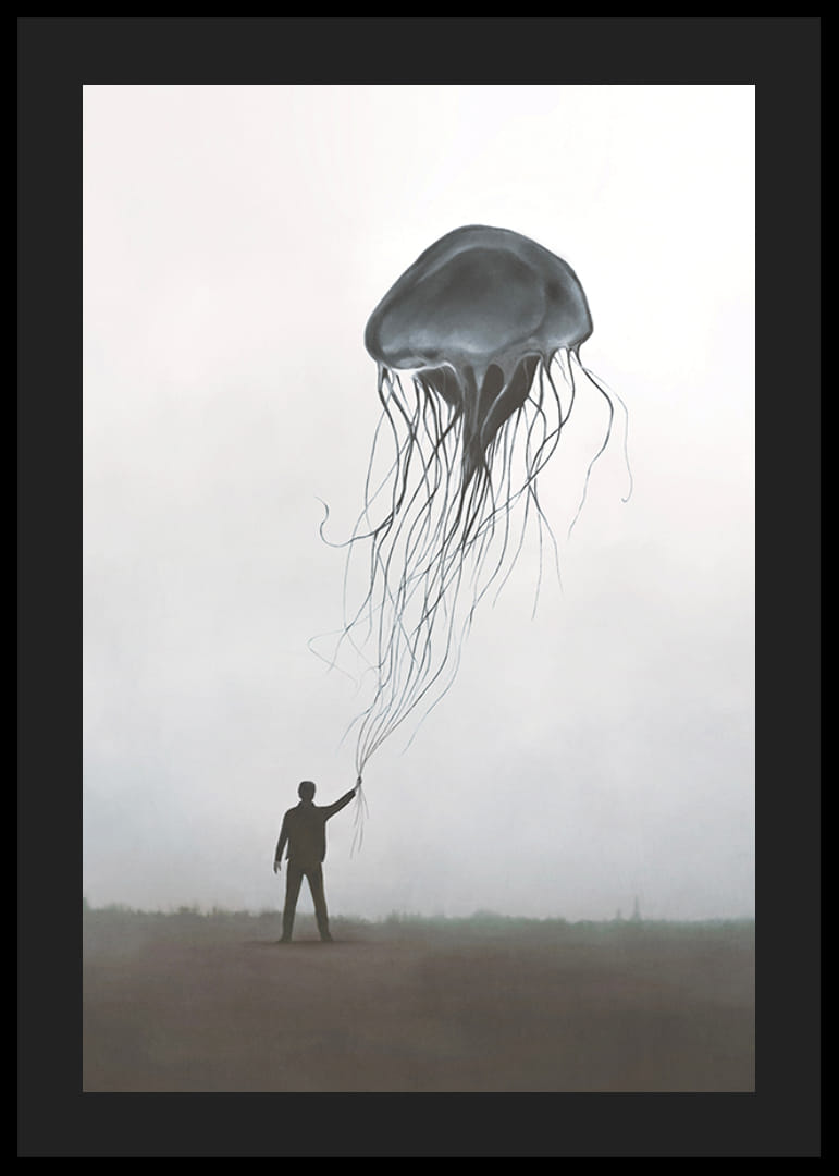 Siluetă de bărbat care ține o meduză plutitoare în ceață-12