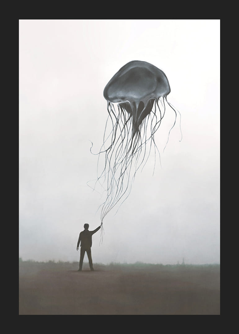 Siluetă de bărbat care ține o meduză plutitoare în ceață-12