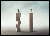 Two people balancing on wooden pillars against gray background-6