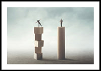 Two people balancing on wooden pillars against gray background-0