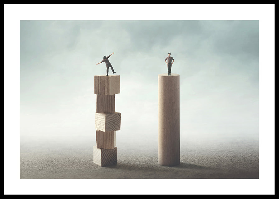 Two people balancing on wooden pillars against gray background-12