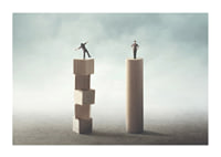 Two people balancing on wooden pillars against gray background-1