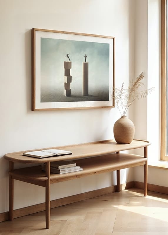Two people balancing on wooden pillars against gray background-12