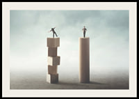 Two people balancing on wooden pillars against gray background-2