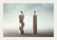 Two people balancing on wooden pillars against gray background-3