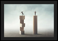 Two people balancing on wooden pillars against gray background-4