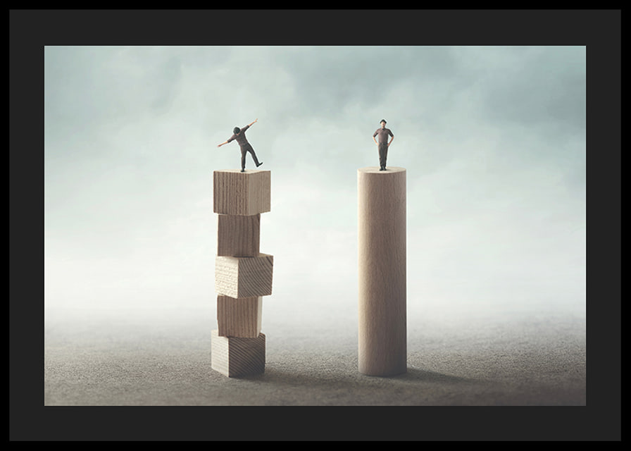 Two people balancing on wooden pillars against gray background-12