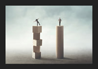Two people balancing on wooden pillars against gray background-5