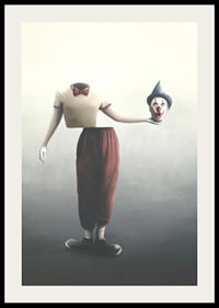 Surreal clown with severed head in hand, soft colors-2