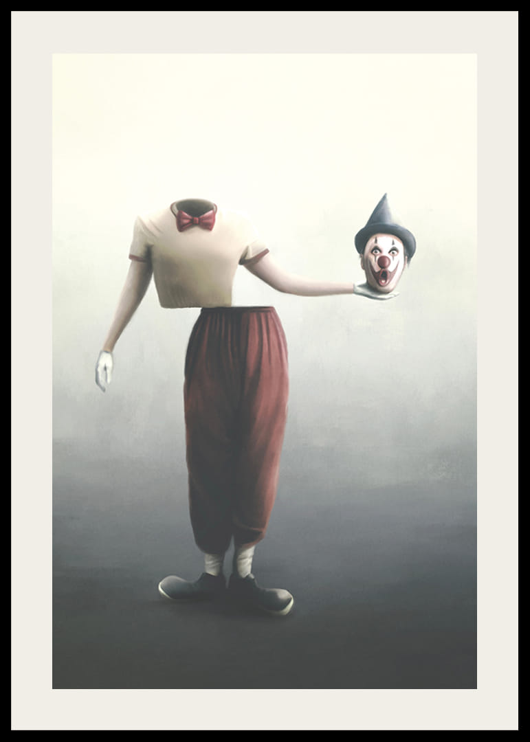 Payaso surrealista con cabeza cortada en la mano, colores suaves.-12