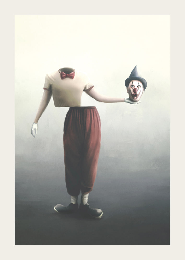 Surreal clown with severed head in hand, soft colors-12