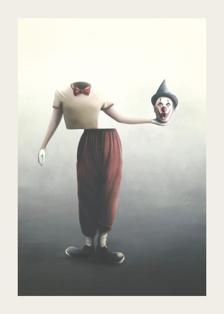 Payaso surrealista con cabeza cortada en la mano, colores suaves.-12