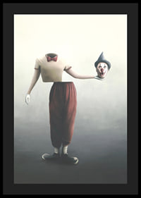 Surreal clown with severed head in hand, soft colors-4