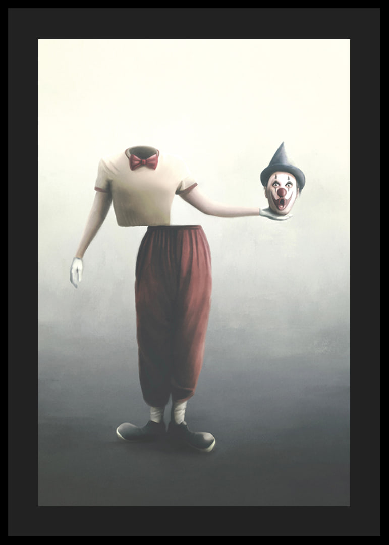 Surreal clown with severed head in hand, soft colors-12