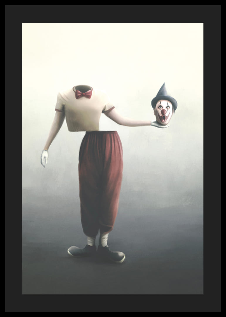 Payaso surrealista con cabeza cortada en la mano, colores suaves.-12